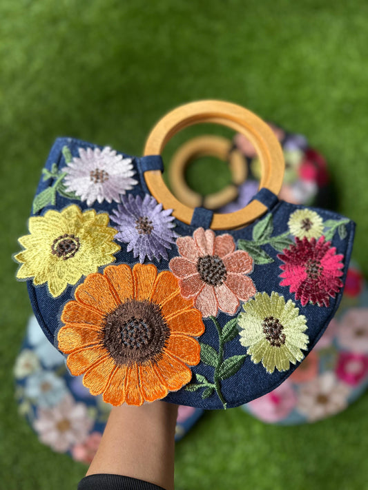 Floral Crescent Handbag with Wooden Handles