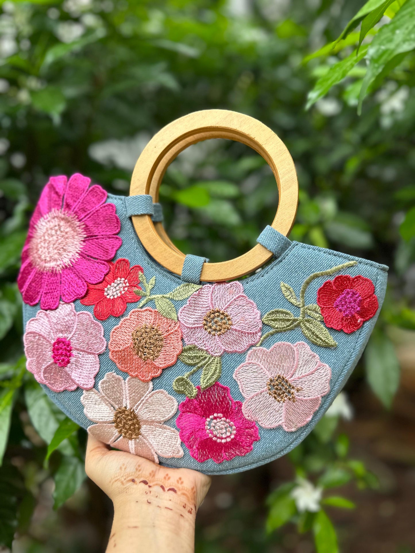 Floral Crescent Handbag with Wooden Handles