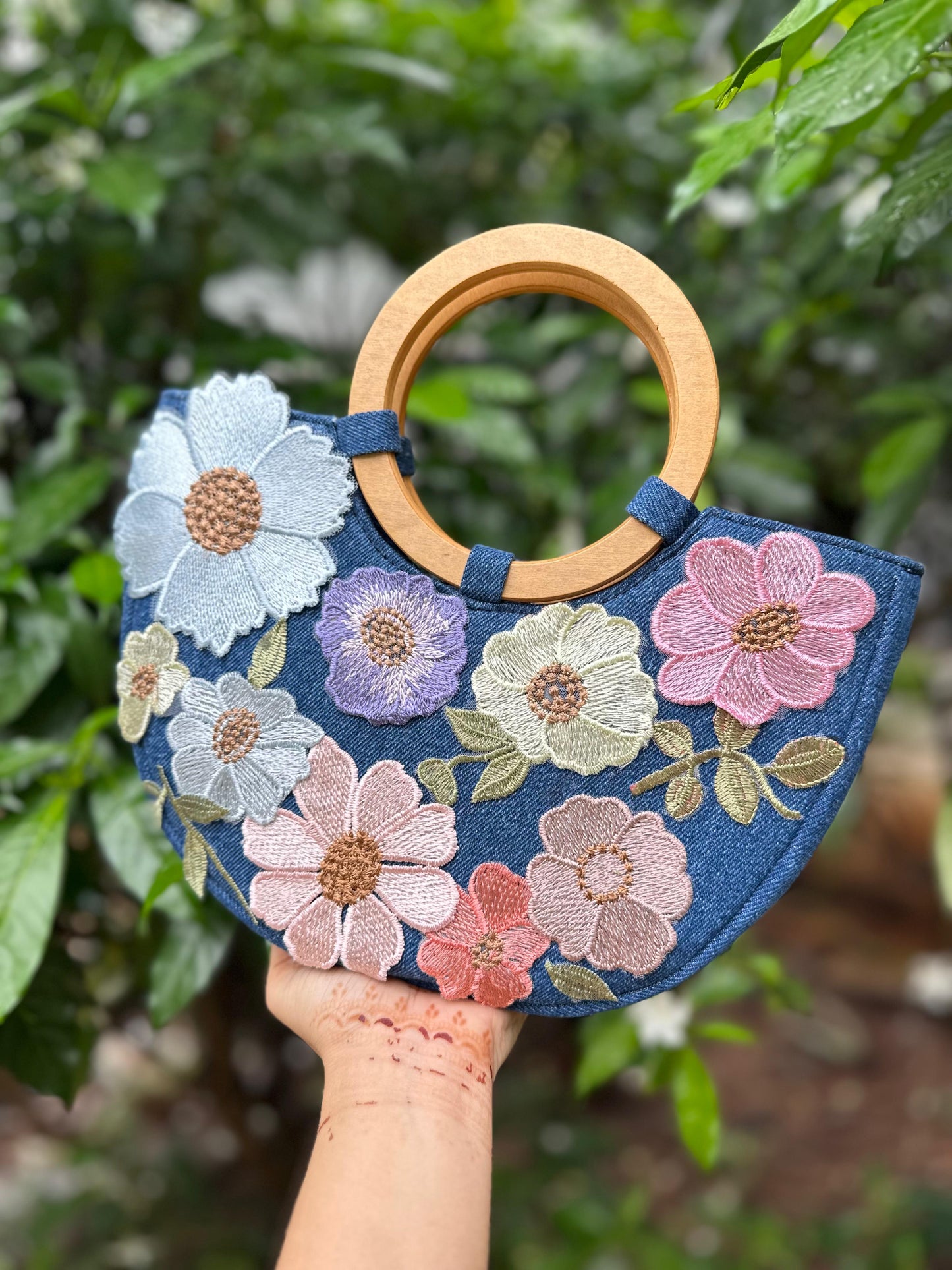 Floral Crescent Handbag with Wooden Handles