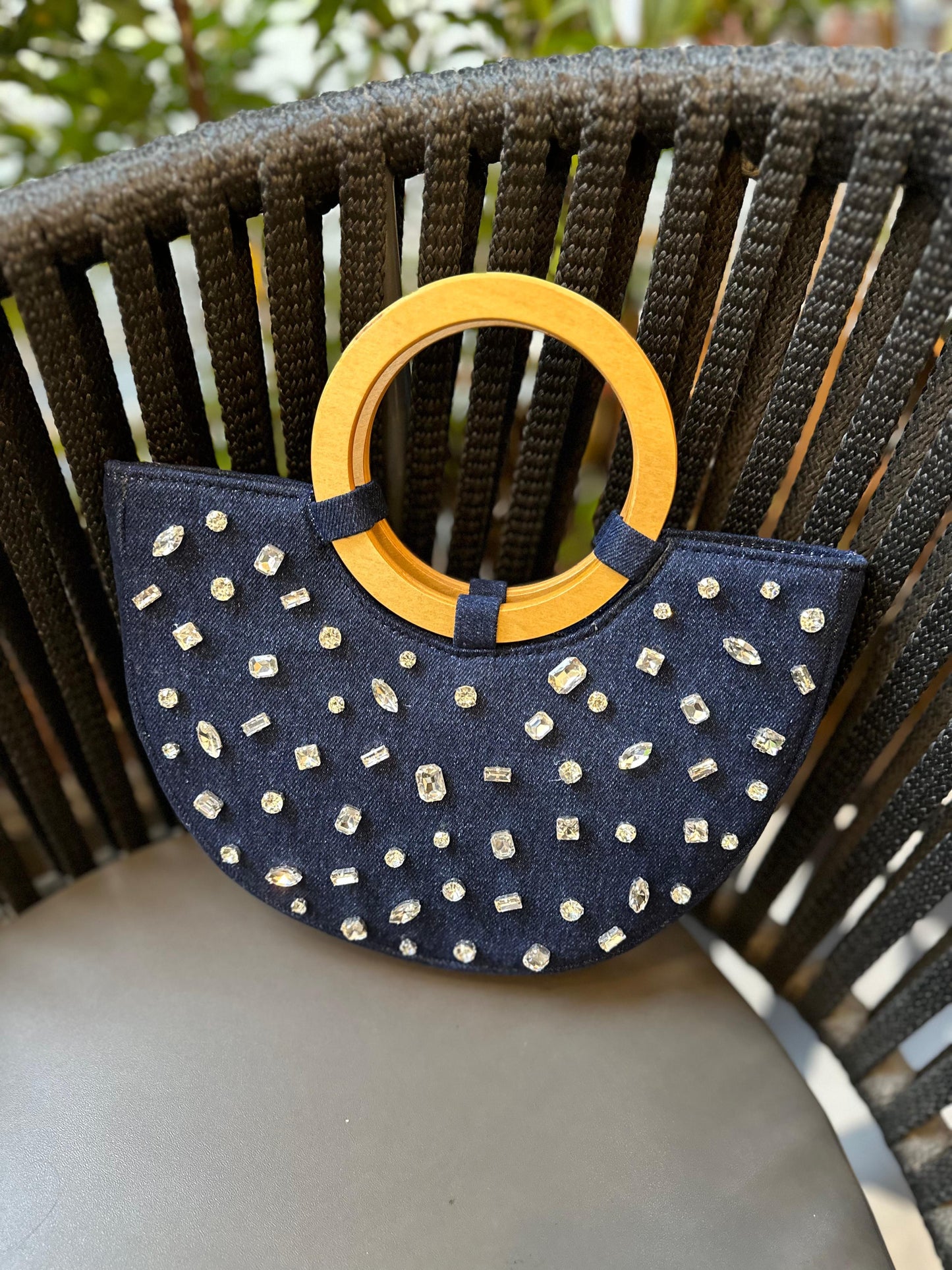 Crystal Crescent Denim Handbag with Wooden Handles
