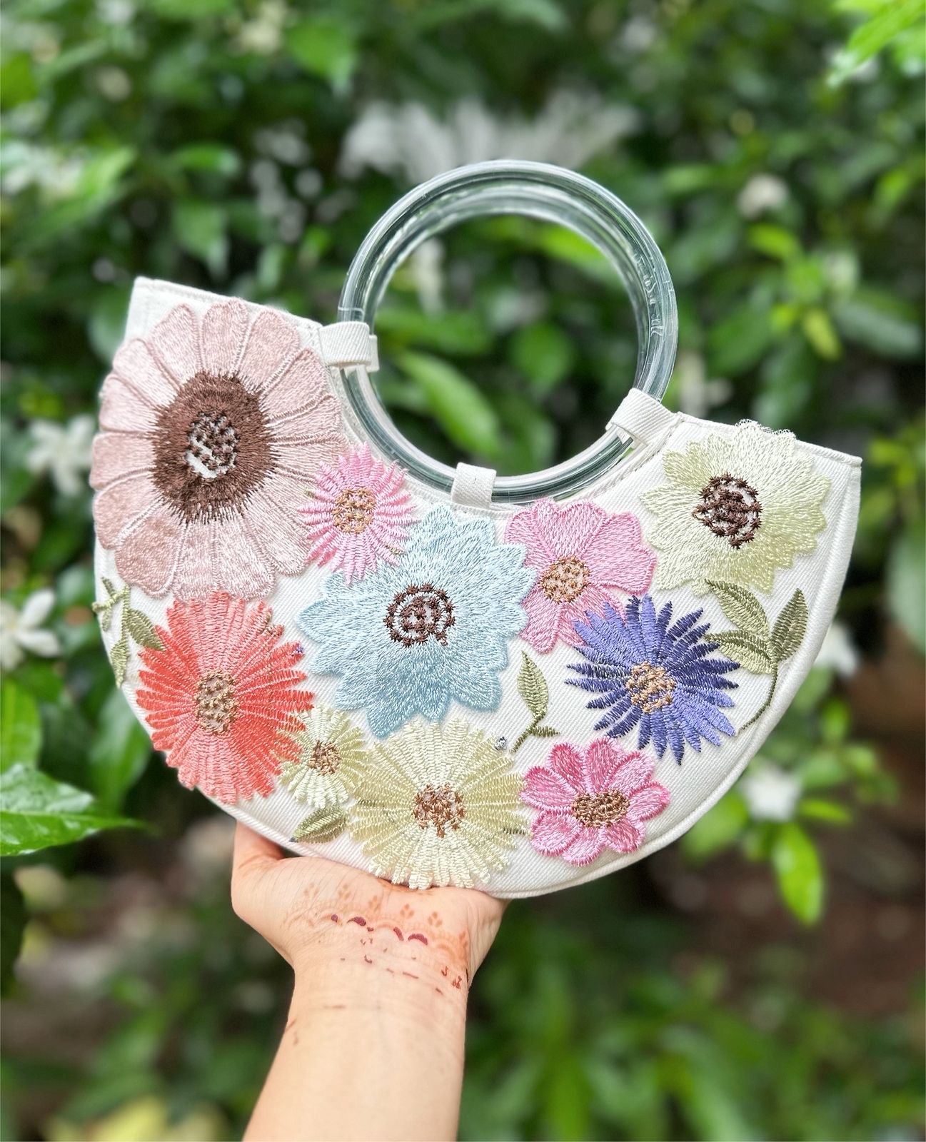 Floral Crescent Handbag with Wooden Handles