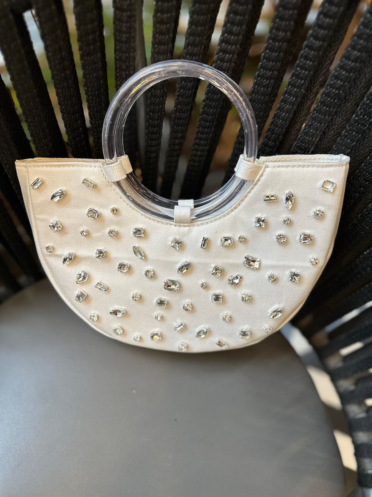 Crystal Crescent Denim Handbag with Wooden Handles