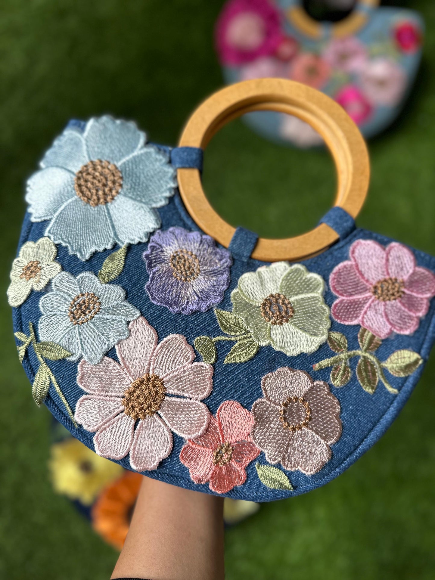 Floral Crescent Handbag with Wooden Handles
