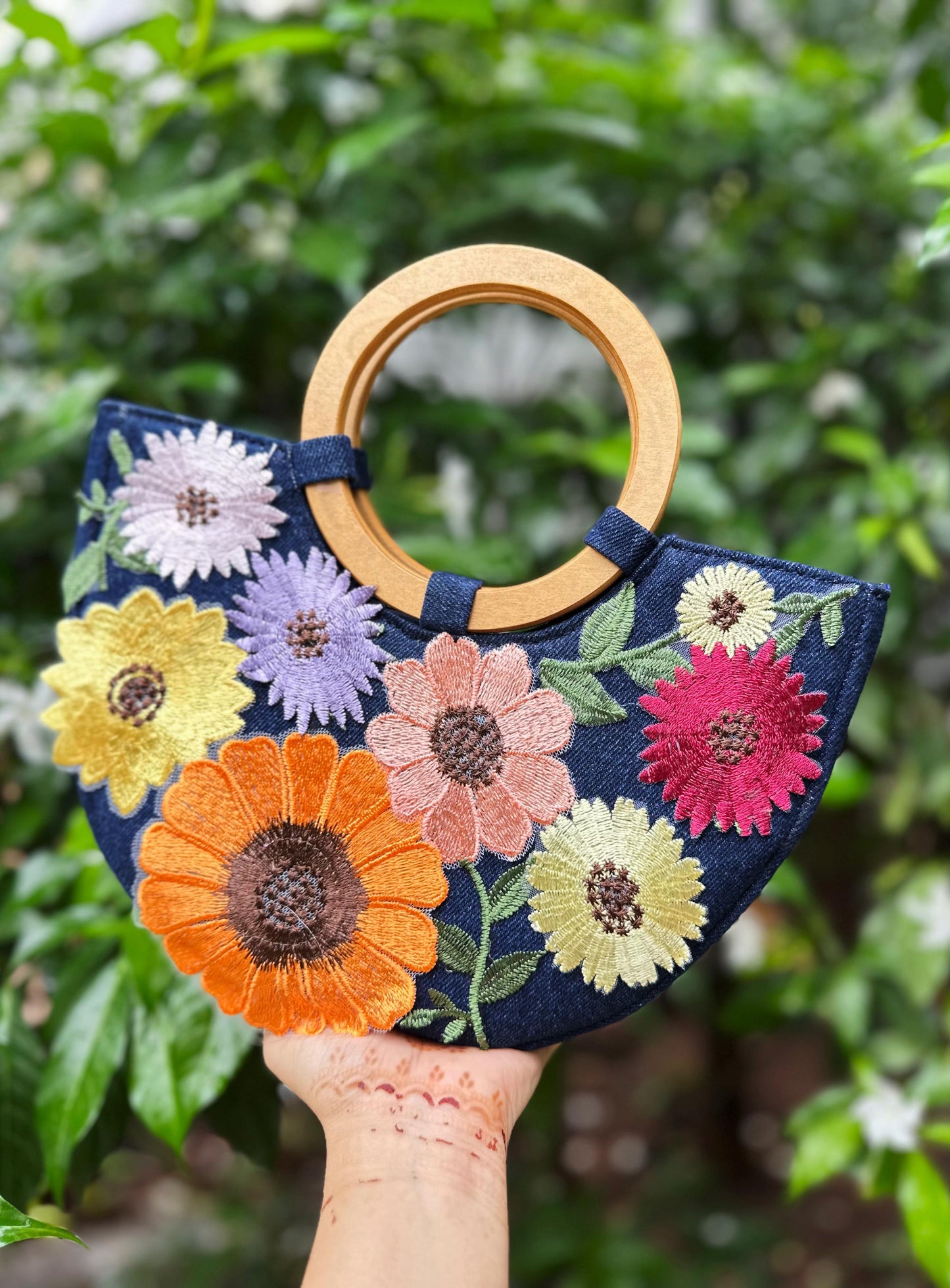 Floral Crescent Handbag with Wooden Handles
