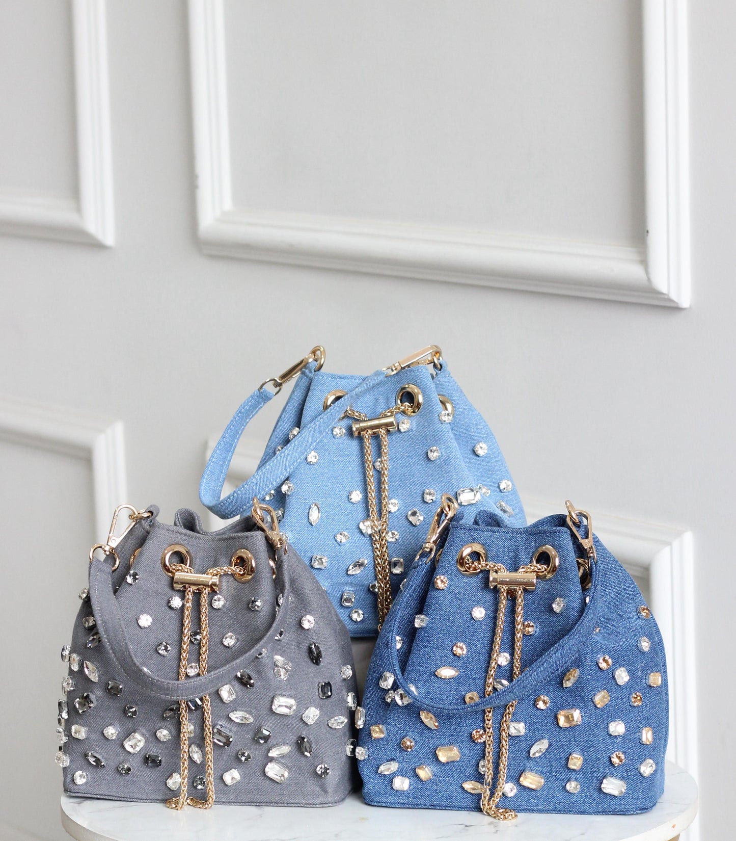 Stone-Embellished Bucket Bags