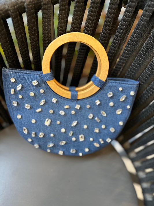 Crystal Crescent Denim Handbag with Wooden Handles