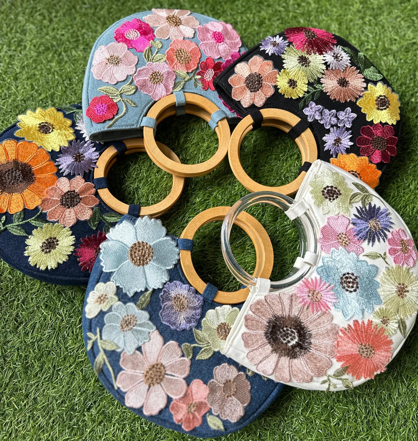 Floral Crescent Handbag with Wooden Handles