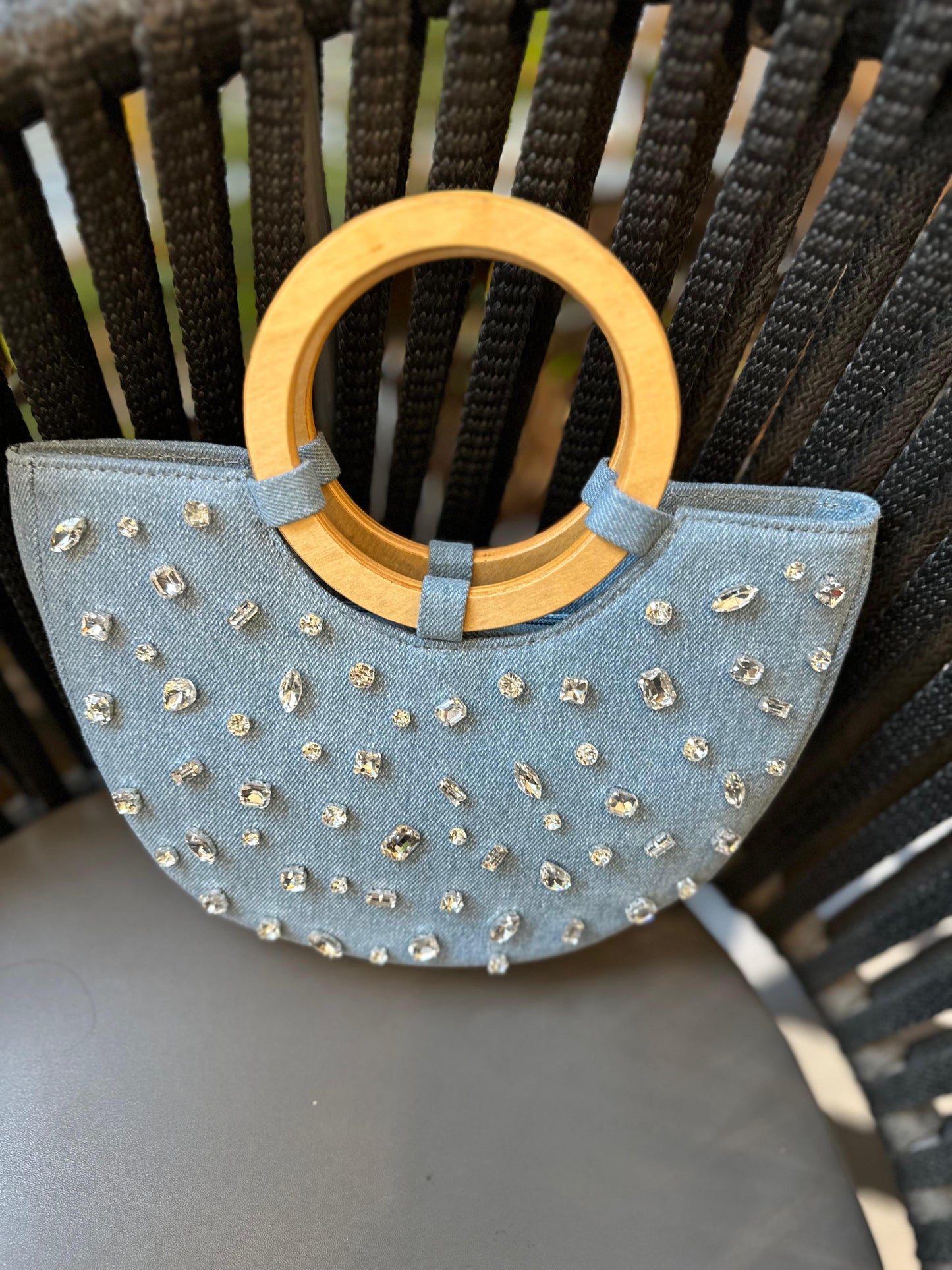 Crystal Crescent Denim Handbag with Wooden Handles