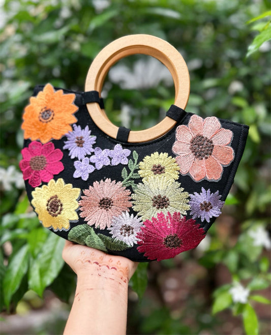 Floral Crescent Handbag with Wooden Handles