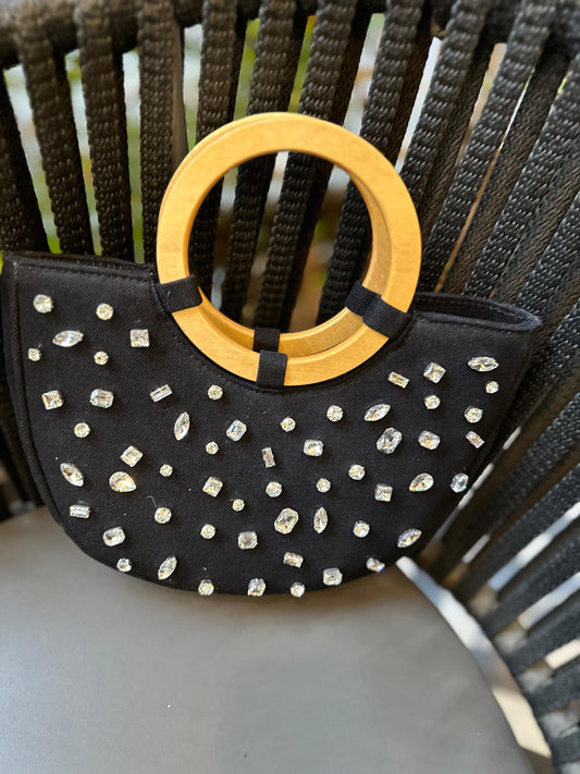 Crystal Crescent Denim Handbag with Wooden Handles
